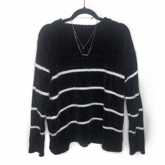 Jon & Anna Sweaters - Jon & Anna Fuzzy Black and White Striped Sweater
